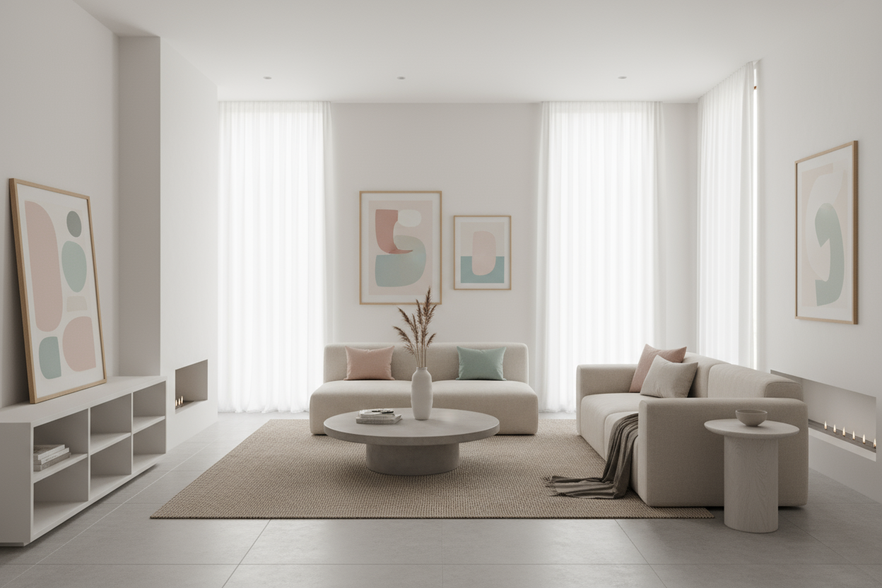 generate an image of a minimal, artsy, aesthetic home setting that goes in backhdround, light color tones